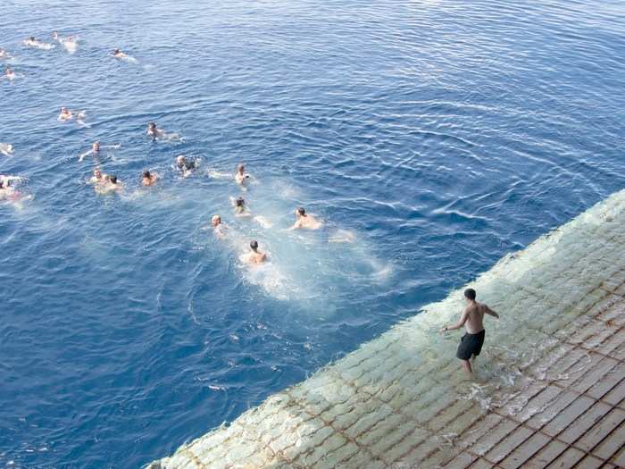 Sailors and Marines aboard the USS Essex run into the Celebes Sea.