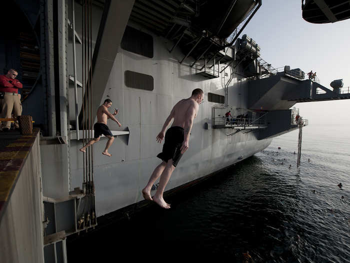 Plunging into the Mediterranean Sea from the USS Carl Vinson.