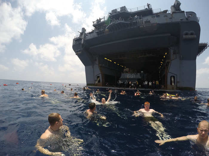 Sailors and Marines from the USS Iwo Jima enjoy the Gulf of Aden.