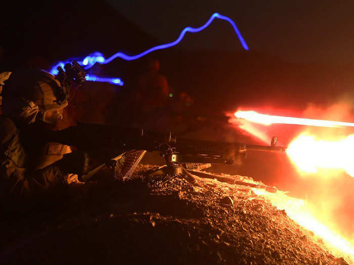 Marines from 2nd Battalion, 1st Marines, 11th Marine Expeditionary Unit, fire M240G medium machine guns at fixed targets in Djibouti.