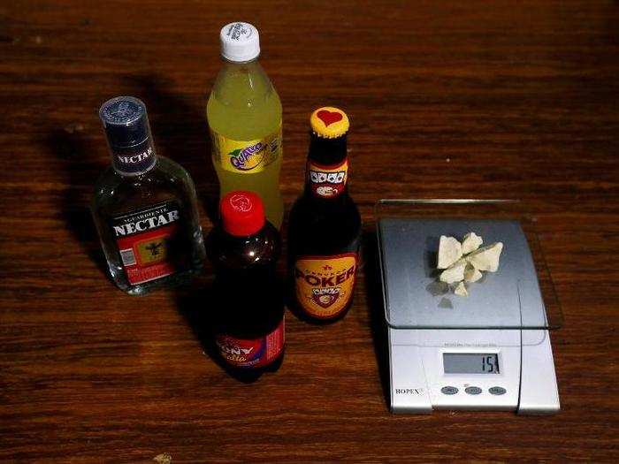 Beverages lie next to coca paste worth $30,000 Colombian pesos at a local store in Guyabero Region, Guaviare, Colombia.