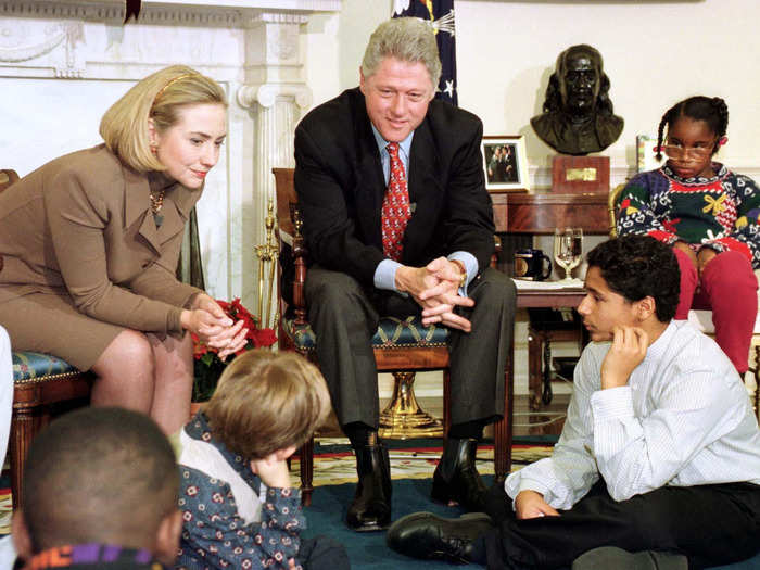 Here she is with Bill in the Oval Office, chatting with a bunch of kids awaiting adoption.