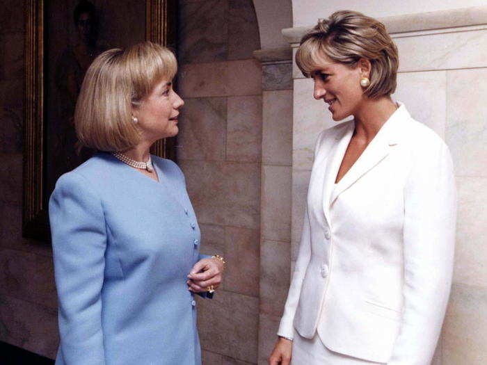 Sporting similar power suits and haircuts, Hillary met with Diana, Princess of Wales, at the White House in 1997.