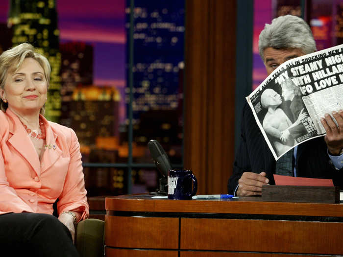 In 2003, all Clinton could do was smirk on "The Tonight Show with Jay Leno" as Leno shows her a tabloid newspaper article about her hooking up with an alien.