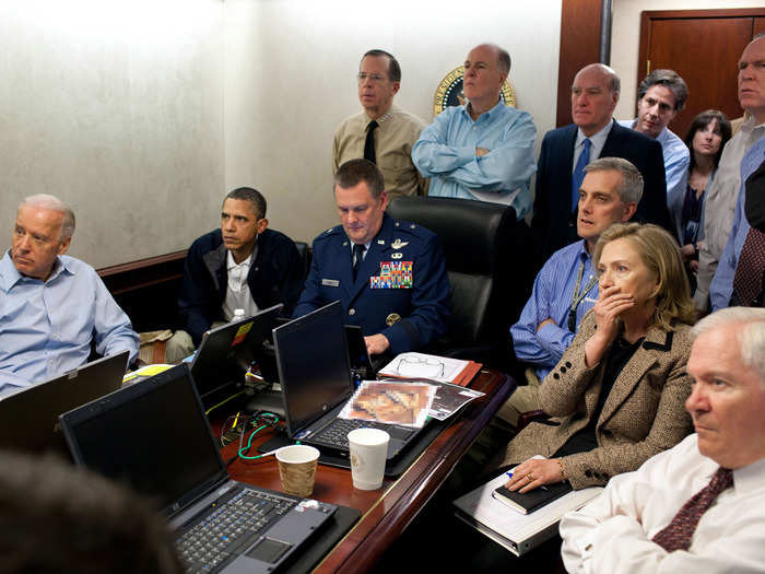 Here she is in the Situation Room with Obama and Vice President Joe Biden, along with members of the national security team, in 2011. They just received news on the mission against Osama bin Laden.