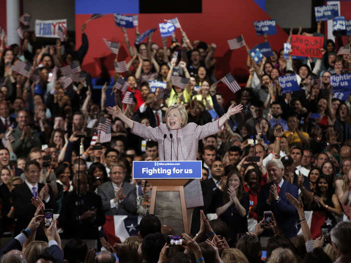 Here she is speaking to supporters at her New York presidential primary night rally in Manhattan, April 19, 2016.