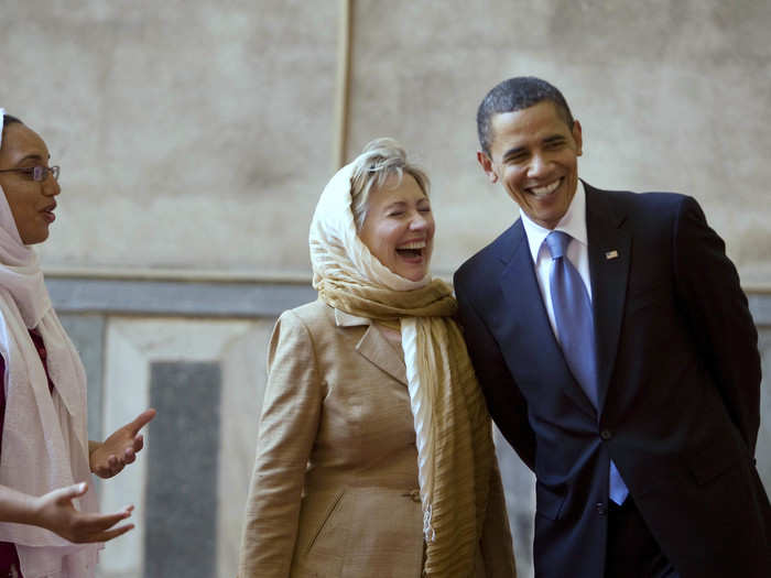 President Barack Obama and Secretary of State Hillary Clinton tour the Sultan Hassan Mosque in Cairo on June 4, 2009.