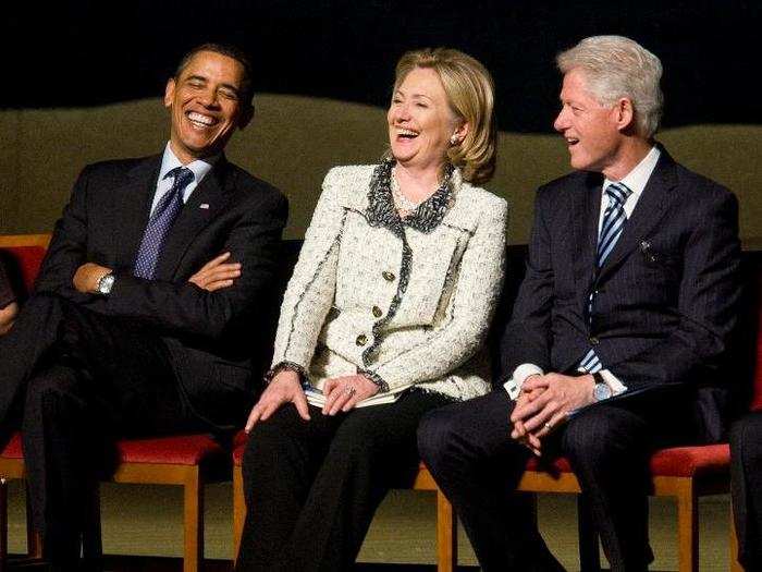 President Obama, US Secretary of State Hillary Clinton, and Former US President Bill Clinton attend a memorial service for Ambassador Richard Holbrooke on January 14, 2011 at the Kennedy Center in Washington, D.C.