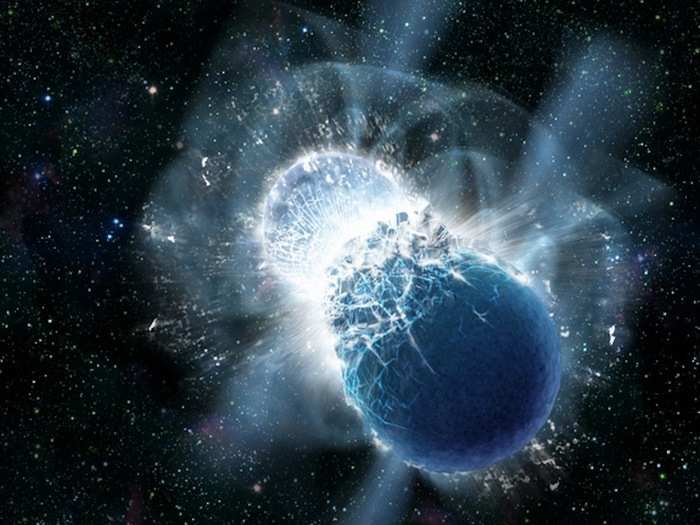 This happens deep inside supernovas, or when two ultra-dense dead stars, called neutron stars, merge together.