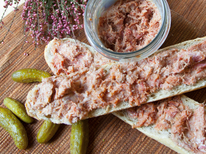 Rillettes are much like pâté. Spreadable and usually eaten with bread or crackers, rillettes are made of pork, heavily salted, and cooked in fat.