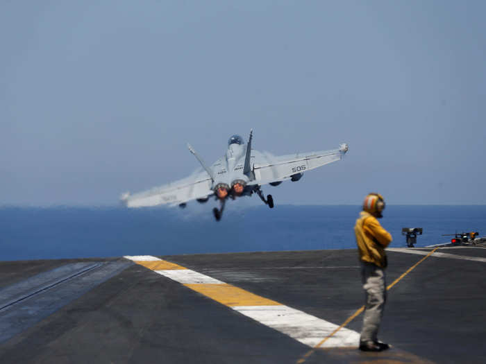 F/A-18 fighter jet takes off from the USS Harry S. Truman aircraft carrier in the eastern Mediterranean Sea June 13, 2016.