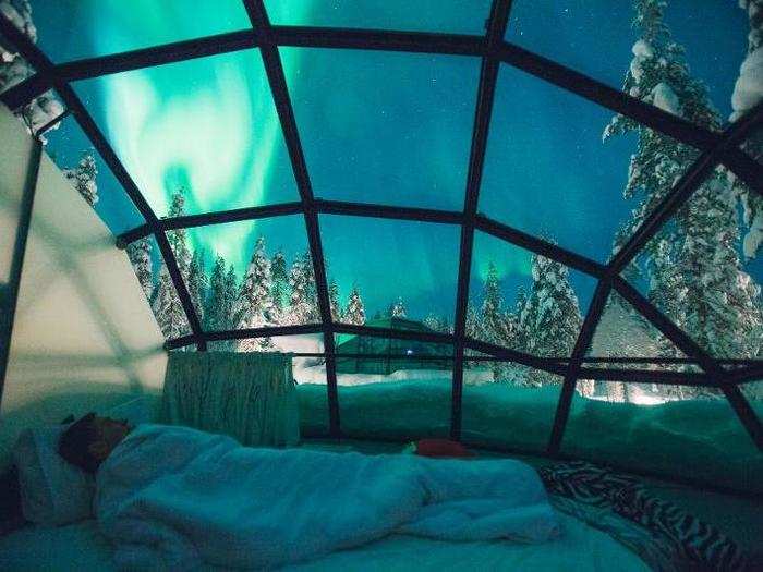 This far north, you can see the Aurora Borealis around 200 days a year. Glass igloos are available from August through April, which are the best time to see this natural light show.