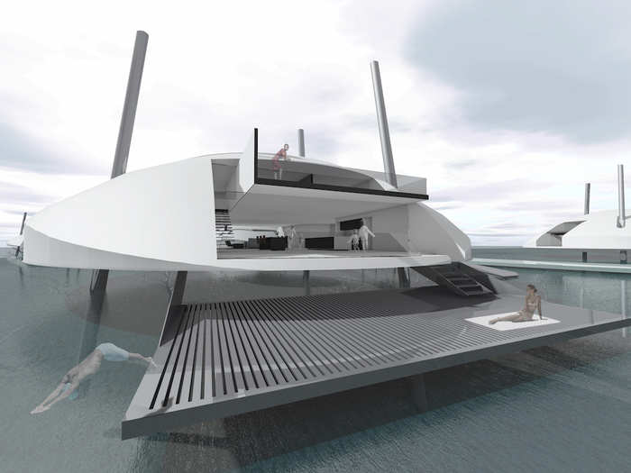 The current Tidal House concept comes with three floors that fit a living and dining area, four bedrooms, and two bathrooms. There