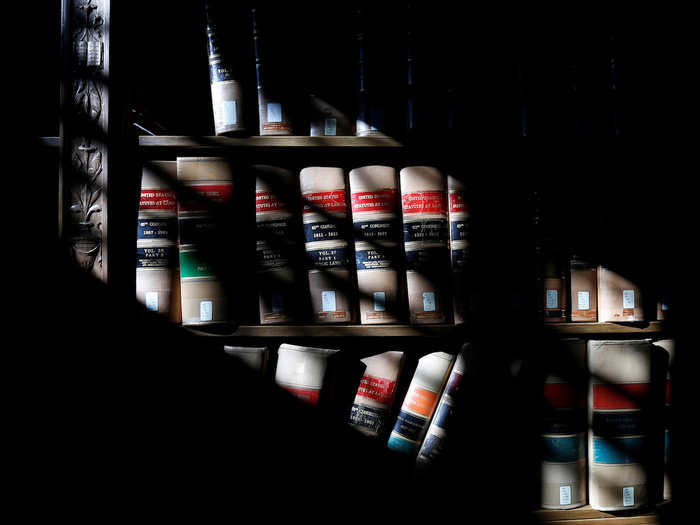 Dappled light shines across books shelved in the court