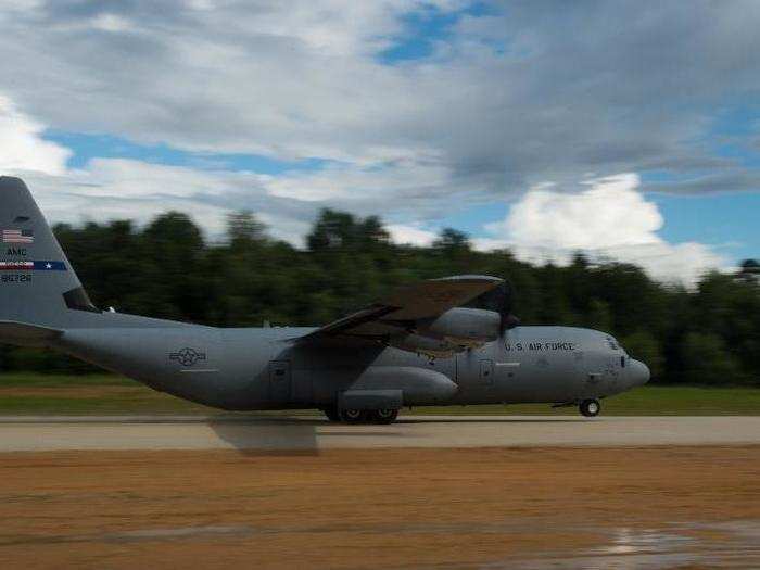 A C-130J Super Hercules aircraft from Dyess Air Force Base, Texas, takes off for Germany within several hours