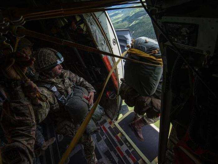 British paratroopers conduct a static-line jump.