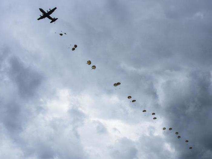 Dutch Army paratroopers jump into Bunker Drop Zone at Grafenwoehr, Germany.
