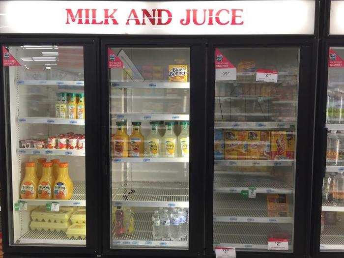 The "milk and juice" coolers were sparsely stocked, and didn