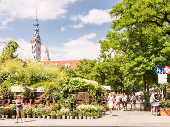 Grab a snack at Viktualienmarkt in Munich, a permanent outdoor farmers