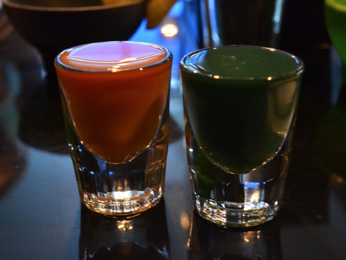 Kava can be served in a variety of forms. I tried two kava shots — mangos of madness and kava sunrise.