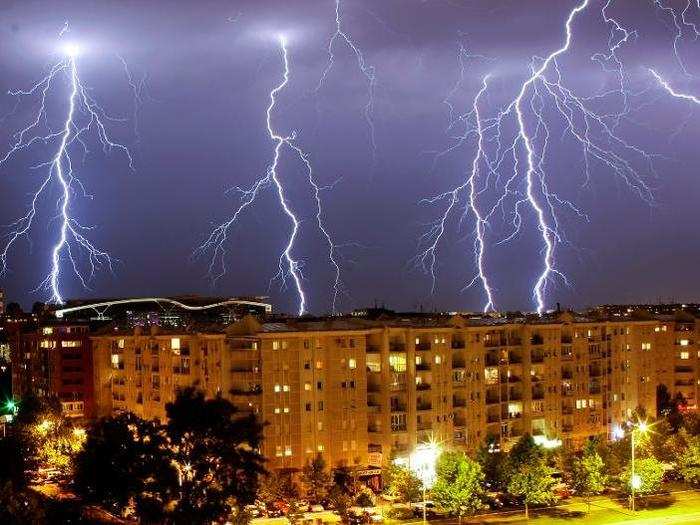 When it hits, lightning can get up to 50,000 degrees Fahrenheit, meaning the immediate heat of these strikes was pretty toasty. Rods reach out everywhere in this photo taken in a June 2011 storm in Belgrade, Serbia.