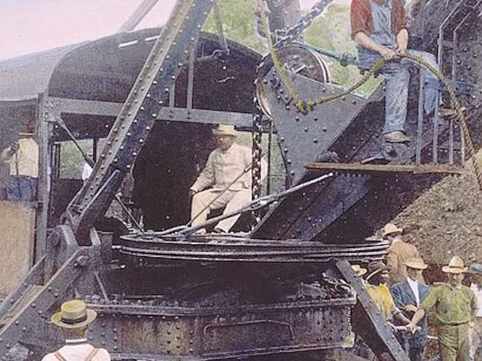 President Theodore Roosevelt at the controls of an excavating machine digging the Panama Canal in 1906.