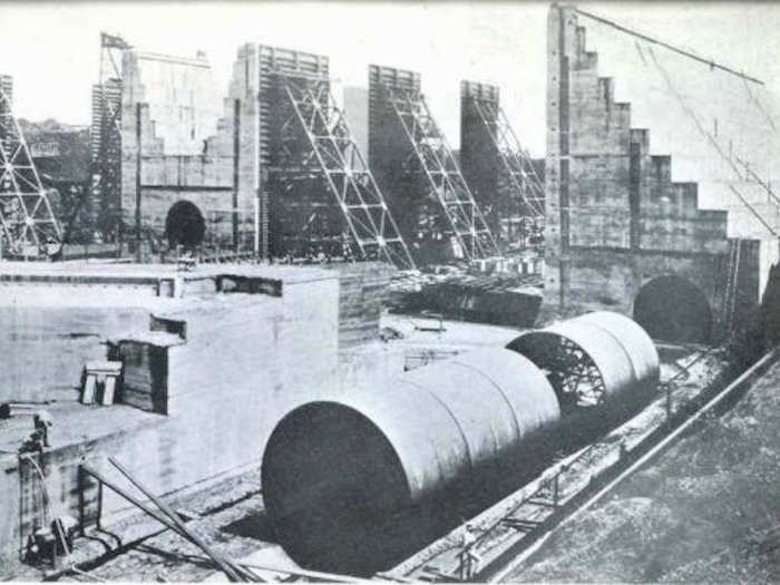 The Panama Canal locks under construction in 1910. Each of these was 78 feet high and 36 feet wide.