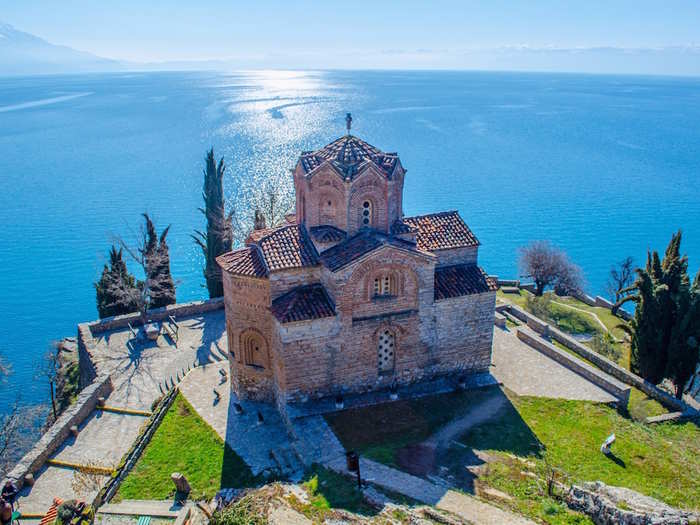 Marvel at the view of Lake Ohrid from the Church of St. John the Theologian, pictured below, in Ohrid, Macedonia.