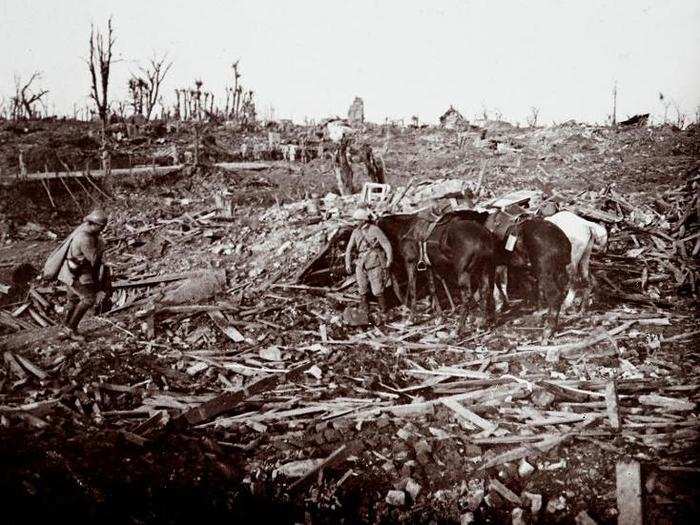 1916An archive picture shows soldiers and horses amid a destroyed spot on the battlefield at Maurepas on the Somme front, northern France October 1916.