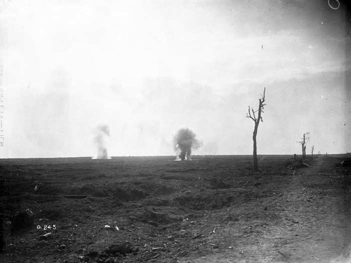 Two gas shells explodes near Canadian lines during the Battle of the Somme, France in October, 1916