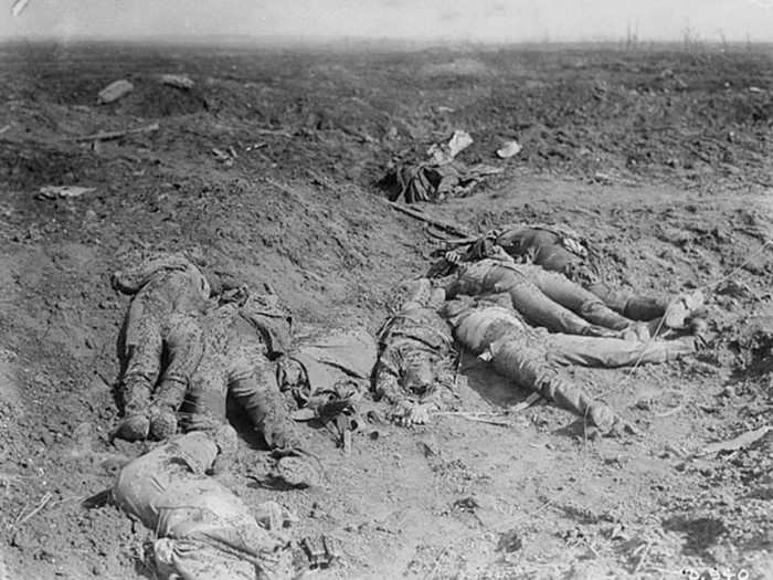 Dead German soldiers lie after a Canadian charge during the Battle of the Somme, France in 1916.