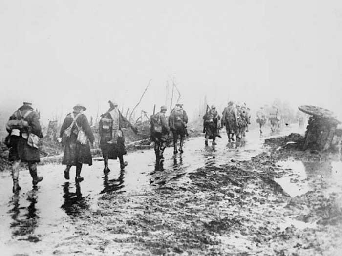 Canadian soldiers leave trenches during the Battle of the Somme, France in 1916.