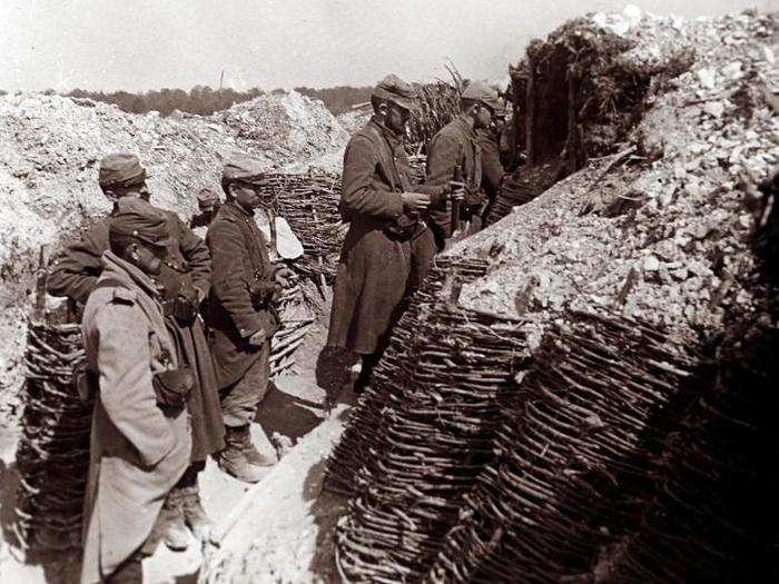 An undated archive picture shows French soldiers standing in a trench southern Thiepval, on the Somme front, northern France.