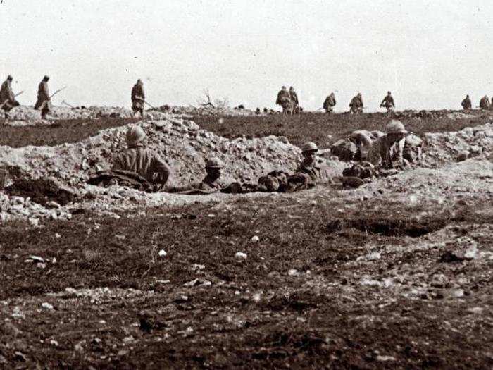 An archive picture taken in 1916 shows French soldiers of the 67th Infantry Regiment on the Somme front, northern France.