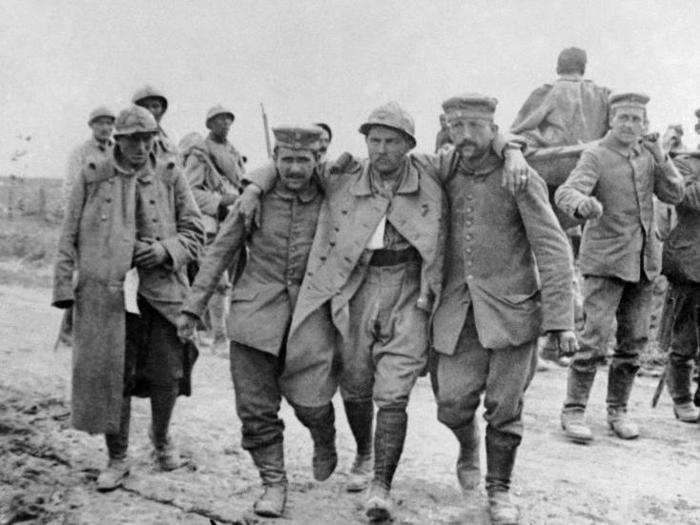 In this undated file photo, French soldiers carry the wounded during the World War One Battle of the Somme, France.