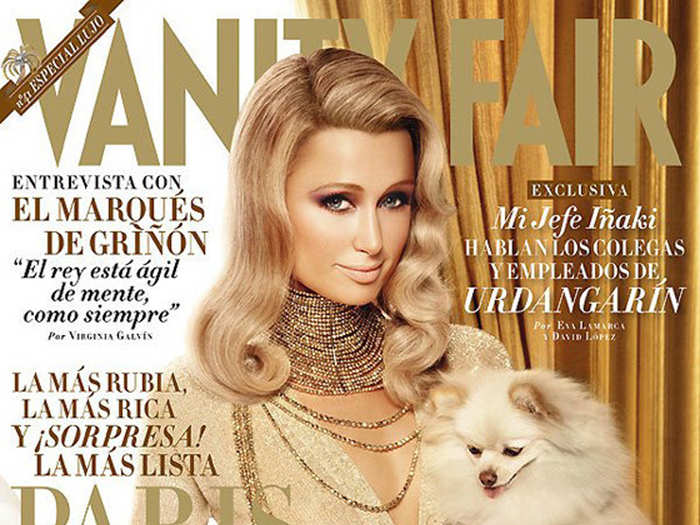 Paris Hilton and her cute pup hit gold on the January 2012 cover of Vanity Fair Spain.