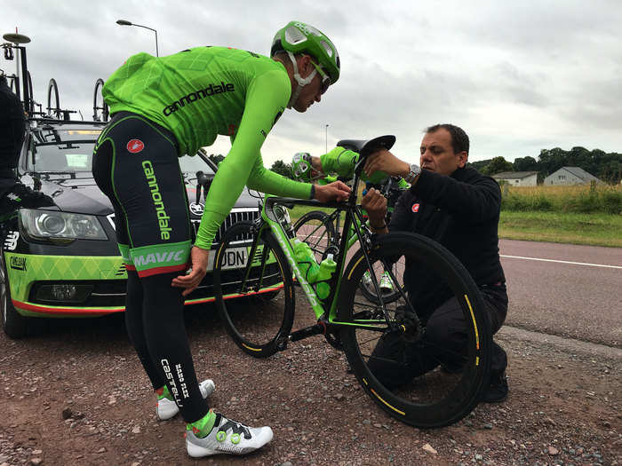 During the recon ride, riders worked with mechanics to tweak their fit on the bike. Here a rider had his saddle adjusted.