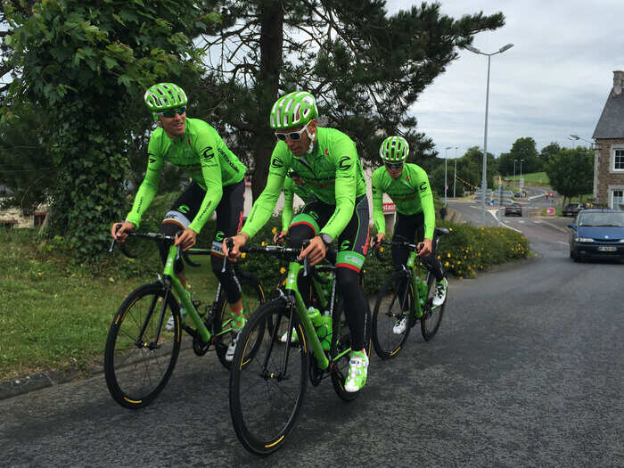 We got back to the hotel just before a little rain started falling, so the timing by the sports directors was perfect. And the riders got in a good ride along with some course recon. All they have to do now is make it to Paris, some 2,200 miles away.