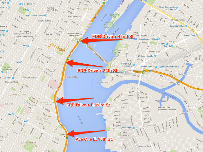 The prime locations are located along the FDR Drive on East 16th St., East 23rd St., East 34th St., and  East 42nd St.