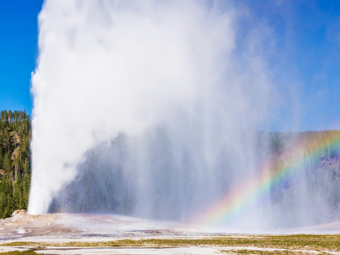 Wait for Old Faithful to erupt at Yellowstone National Park.