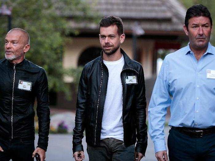 While Twitter CEO Jack Dorsey opts instead for a leather jacket, as he strolls in flanked by venture capitalist Aviv "Vivi" Nivo and McDonalds CEO Steve Easterbrook.