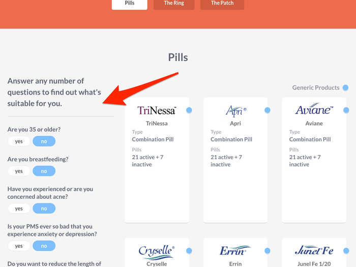 First, I was asked whether I preferred pills over the patch or the ring, and then, I was given a few questions to help narrow down my options.