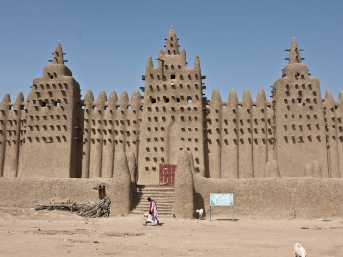 THE GREAT MOSQUE OF DJENNÉ: This adobe building in Djenné, Mali, is the largest mud building in the world. The current structure dates back to 1907.