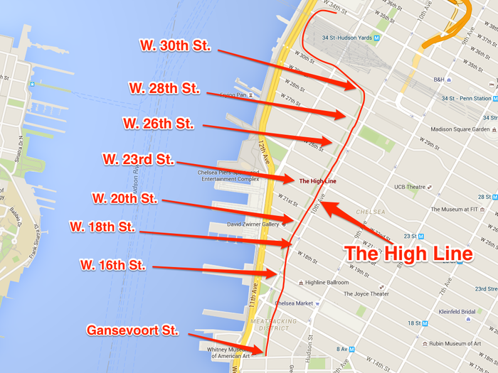 It starts on Gansevoort and Washington streets, and currently goes all the way up to 34th St, with entrances along 10th avenue (marked below).