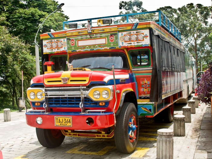 Another popular form of transport in Medellín are chiva (goat) buses, which are painted in the colors of the Colombian flag.