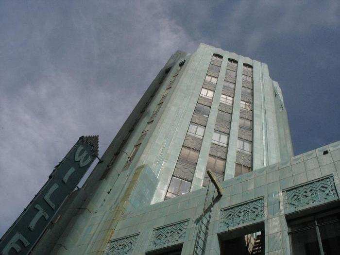 Like the Eastern Columbia building, the Pellissier Building and Wiltern Theatre take on a distinct shade of blue.