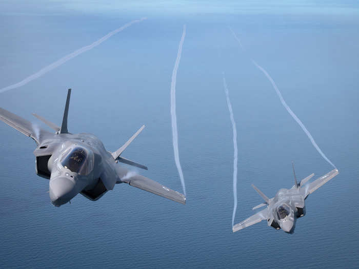 F-35Bs from both countries fly alongside each other above the North Sea.