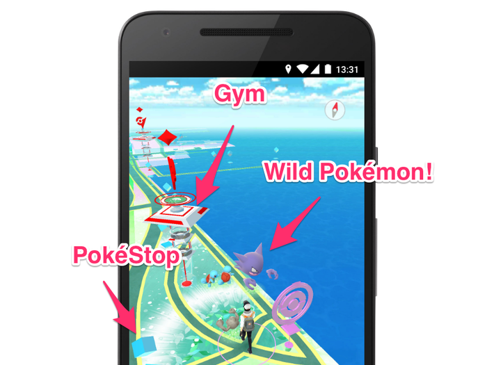 The map is populated with three types of icons: PokéStops, Gyms, and the Pokémon themselves.