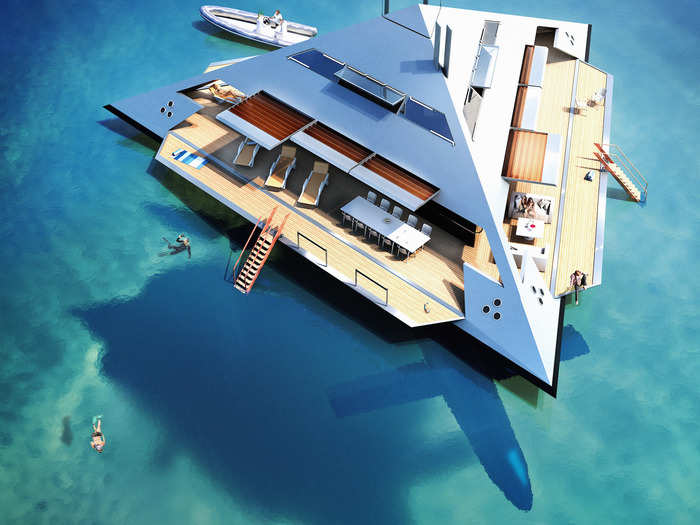 When the yacht docks, its three sides fold down to become large deck areas. There