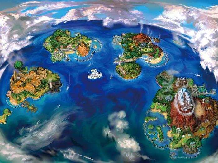 The new games take place in the Alola region, which as you may have guessed, is inspired by Hawaii. A look at the map reveals a lot of water and tropical beaches, as well as desert regions, volcanos, and a snowy mountaintop.